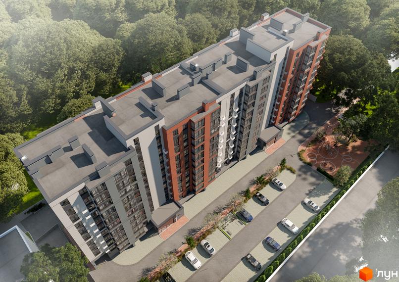 Новобудова Молодіжний: багатоповерховий будинок з сіро-теракотовим фасадом, паркінг та дитячий майданчик на прилеглій території.