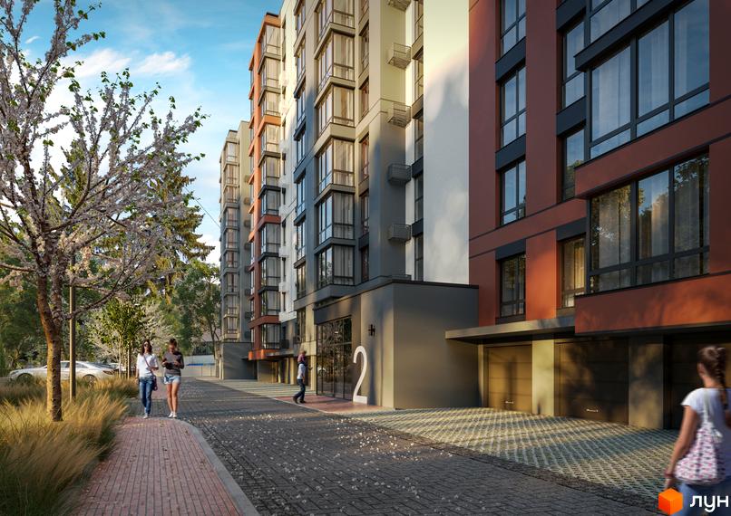 Багатоповерхові будинки Житлового комплексу Молодіжний з фасадами червоного, сірого та білого кольорів. Прибудинкова територія з доріжками та квітучими деревами.