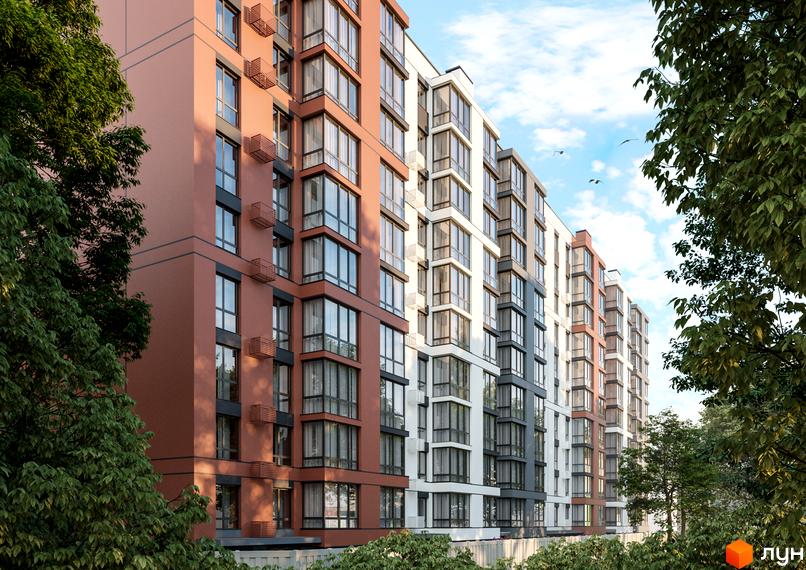 Житловий комплекс Молодіжний з багатоквартирними будинками теракотового, білого та сірого кольорів, оточений зеленими деревами.