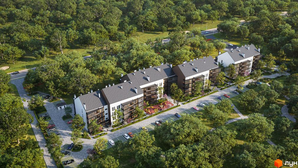 Житловий комплекс ParkVille з багатоповерховими будинками та прибудинковою територією з деревами та парковкою. Вид зверху на новобудову.