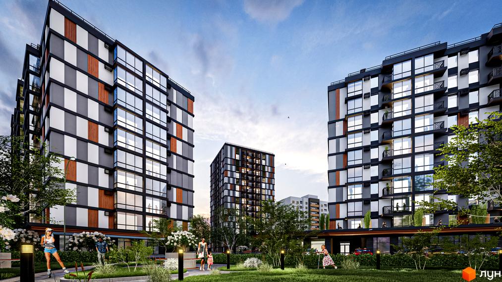 Житловий комплекс Атмосфера. Високі будинки з великими вікнами та фасадами у сіро-білих тонах. На території комплексу зелені газони, дерева та люди.