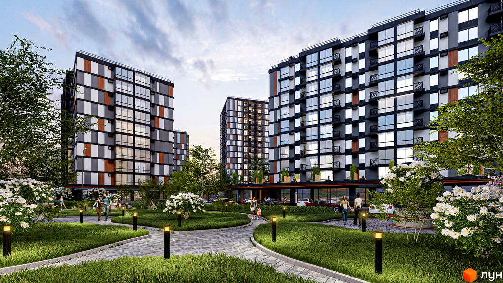 Зображення житлового комплексу Атмосфера. Високі будинки з великими вікнами, оздоблені темними та світлими панелями. На території доріжки, зелені газони та ліхтарі.