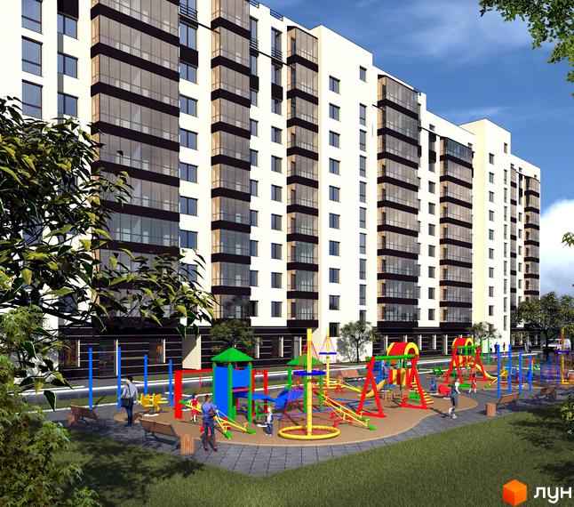 Житловий комплекс City Park з білою фасадною частиною та темними вікнами, дитячим майданчиком з різнокольоровими елементами та зеленими зонами.