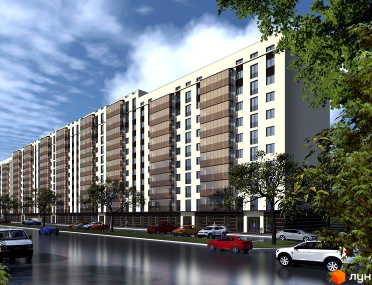 Житловий комплекс City Park з бежевим фасадом та коричневими балконами, розташований біля дороги з автомобілями та зеленими деревами.