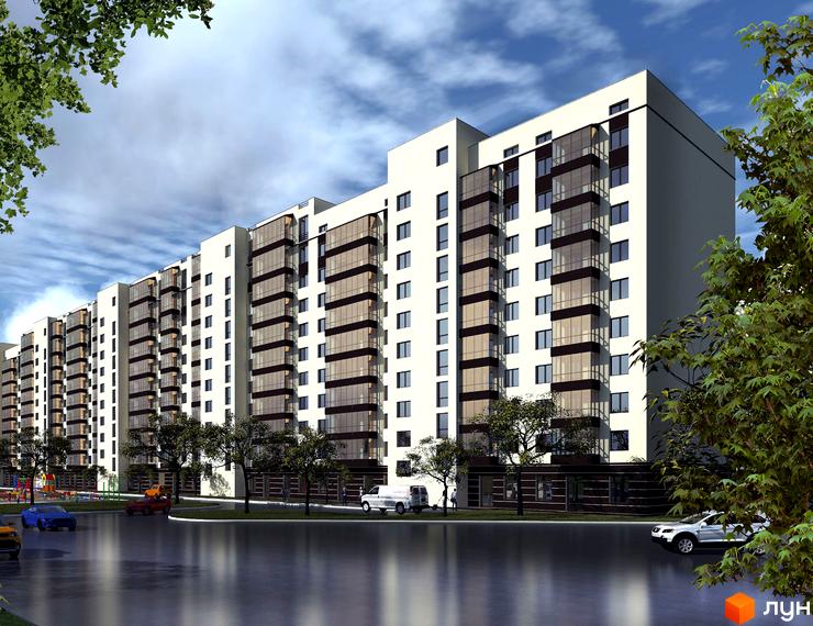 Житловий комплекс City Park: багатосекційний будинок світлого кольору з темними балконами, дорогою та зеленими насадженнями навколо.