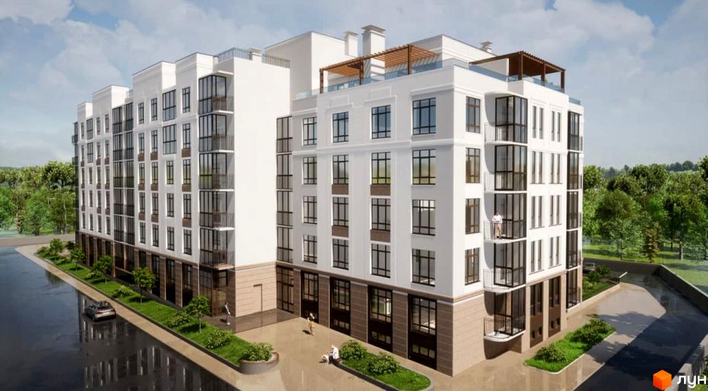 Зовнішній вигляд клубного кварталу „Феофанія-park“ з фасадами білого кольору та великими вікнами. Прибудинкова територія з зеленими насадженнями та дорогою.