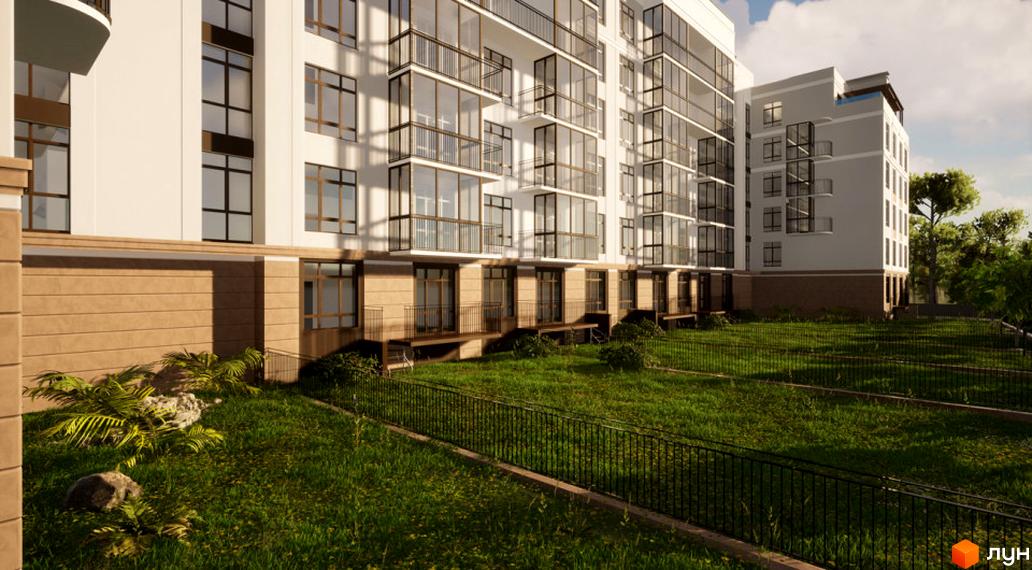 Зображення житлового комплексу Феофанія-park. Багатоповерховий будинок з панорамними вікнами та балконами. На прибудинковій території газон та низький паркан.