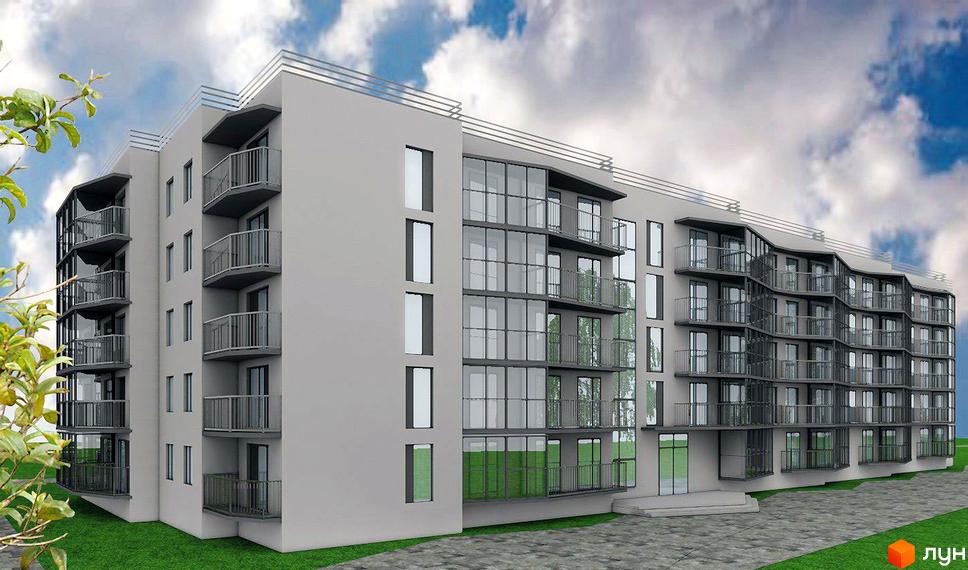 Житловий комплекс A3UM: багатоповерховий будинок світло-сірого кольору з великими вікнами та численними балконами. Навколо зелені газони та вимощена ділянка.