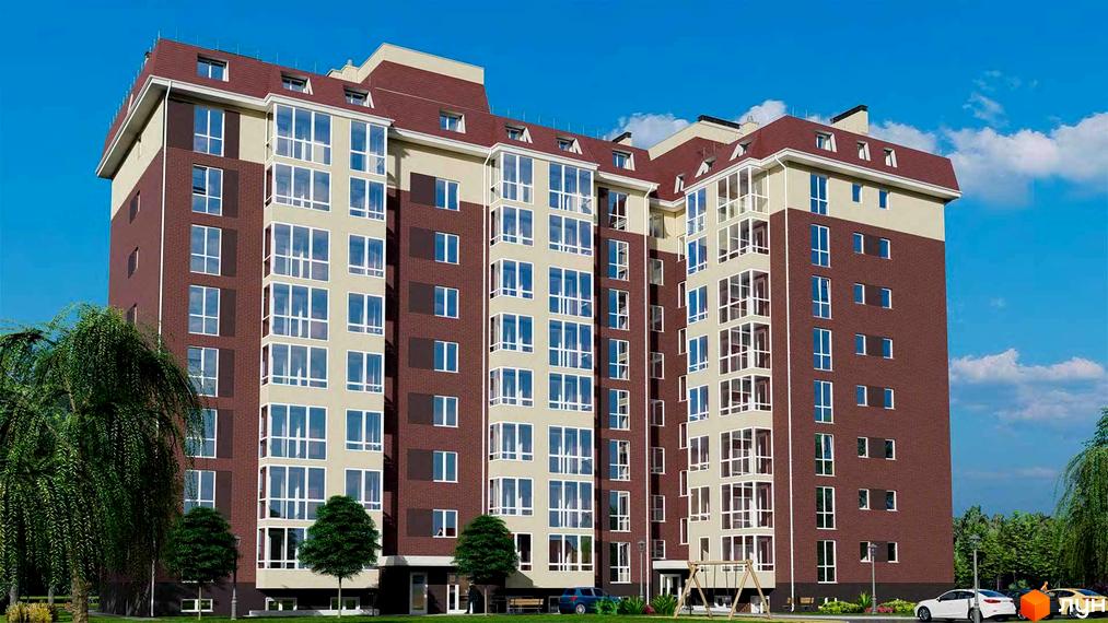 Багатоповерховий будинок з коричневим цегляним фасадом та світлими балконами. Навколо зелені дерева, дитячий майданчик та парковка.