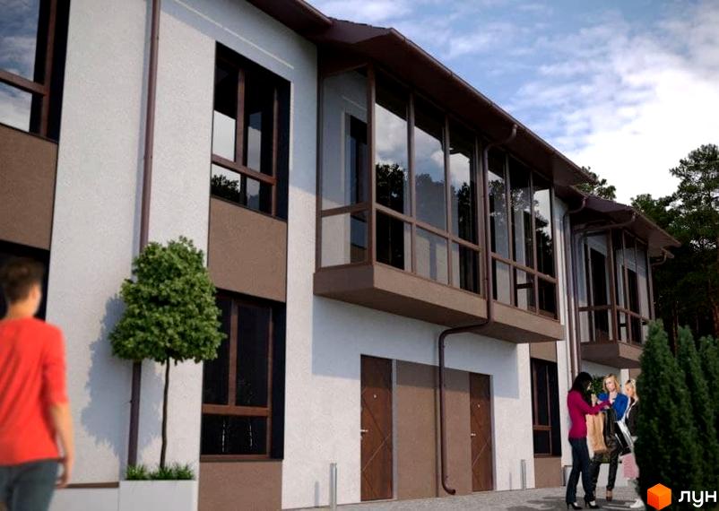 Фасад Котеджного містечка Green Heaven з великими вікнами та коричневими рамами. На прибудинковій території доглянуті дерева та пішохідна зона.