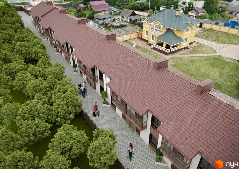 Таунхауси Green Heaven: ряд будинків з коричневими дахами та балконами, поруч вимощена доріжка та зелені насадження.