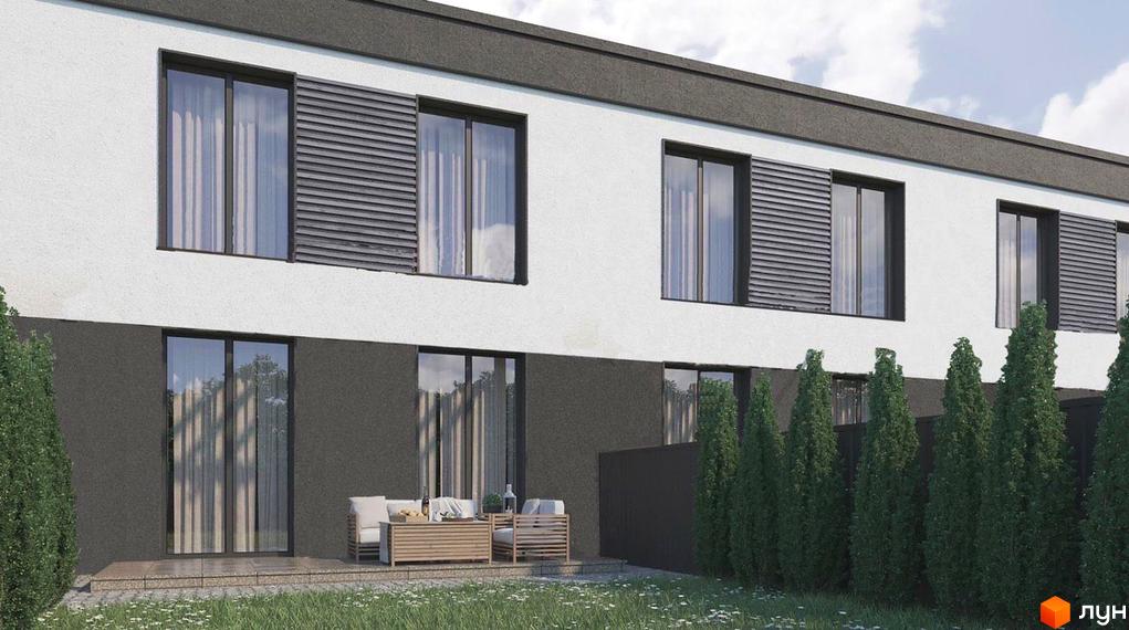 Таунхауси Dream House з білим та сірим фасадом, великими вікнами та терасою з меблями. Навколо будівель зелені туї та газон.