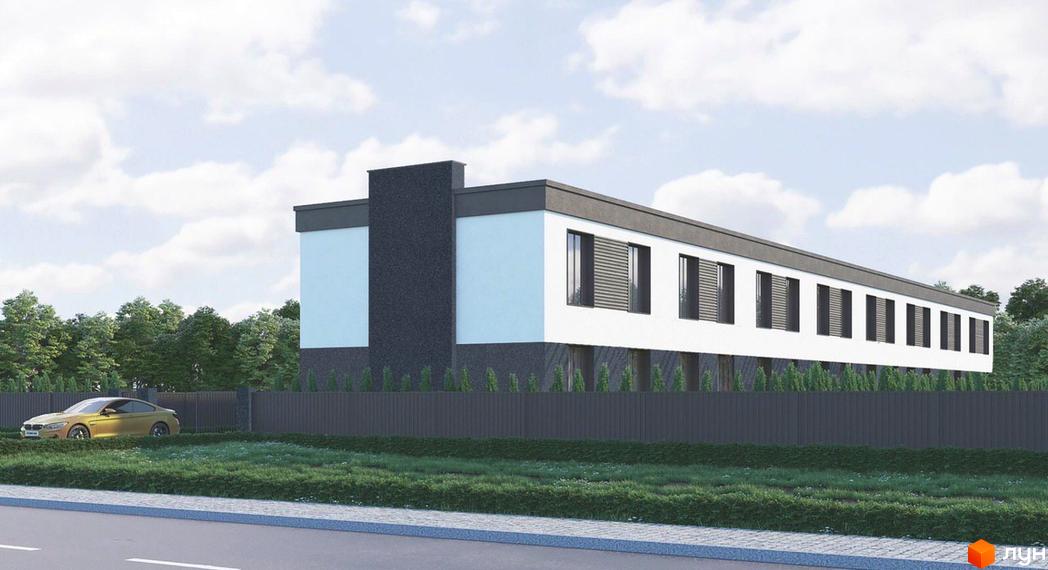 Будівельний проєкт Dream House - двоповерхові таунхауси з білими фасадами та темними вікнами на тлі зелених дерев та блакитного неба. Перед будинками огороджена територія з парканом та зеленою зоною.