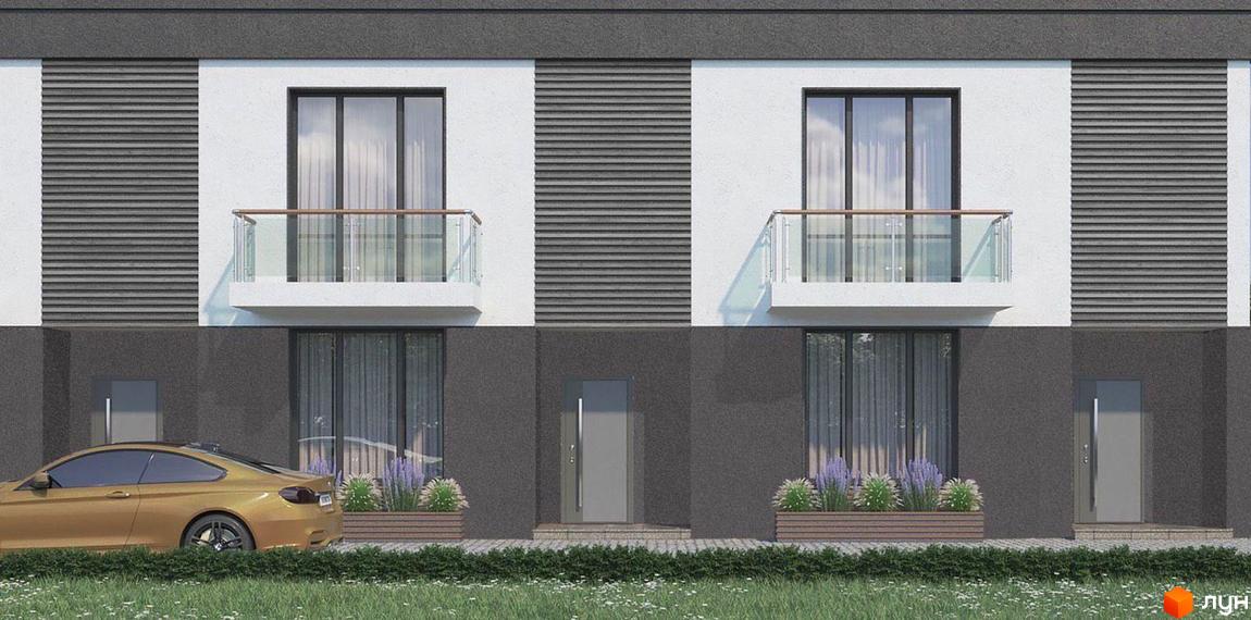 Зовнішній вигляд таунхаусів Dream House з балконами та великими вікнами, поруч золотистий автомобіль та зелені насадження.