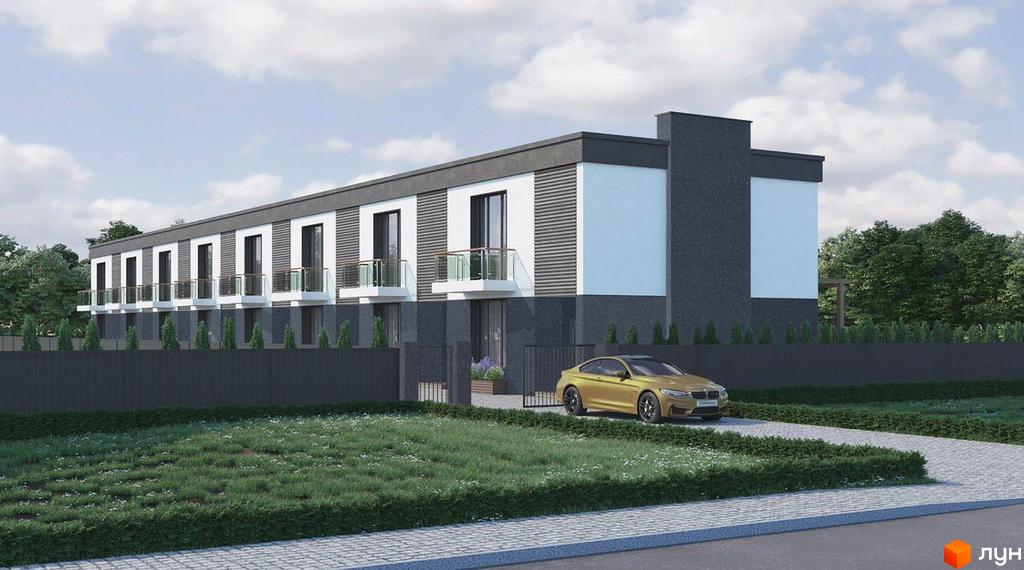 Таунхауси Dream House з сірим фасадом та великими вікнами, перед якими розташована зелена галявина та паркан.