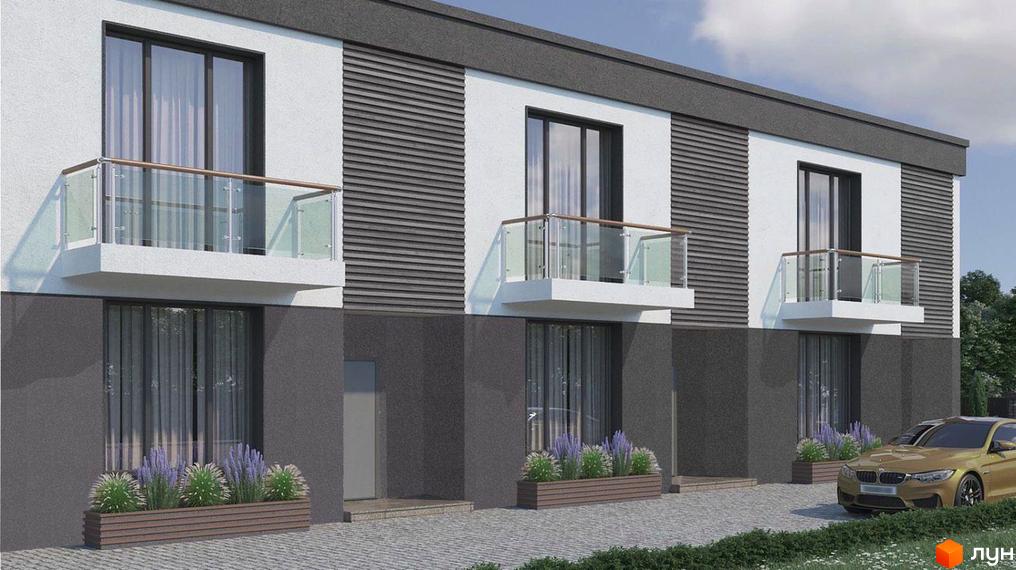 Таунхауси Dream House з скляними балконами та дерев'яними елементами на фасаді. Прибудинкова територія з зеленими насадженнями та автомобілем.