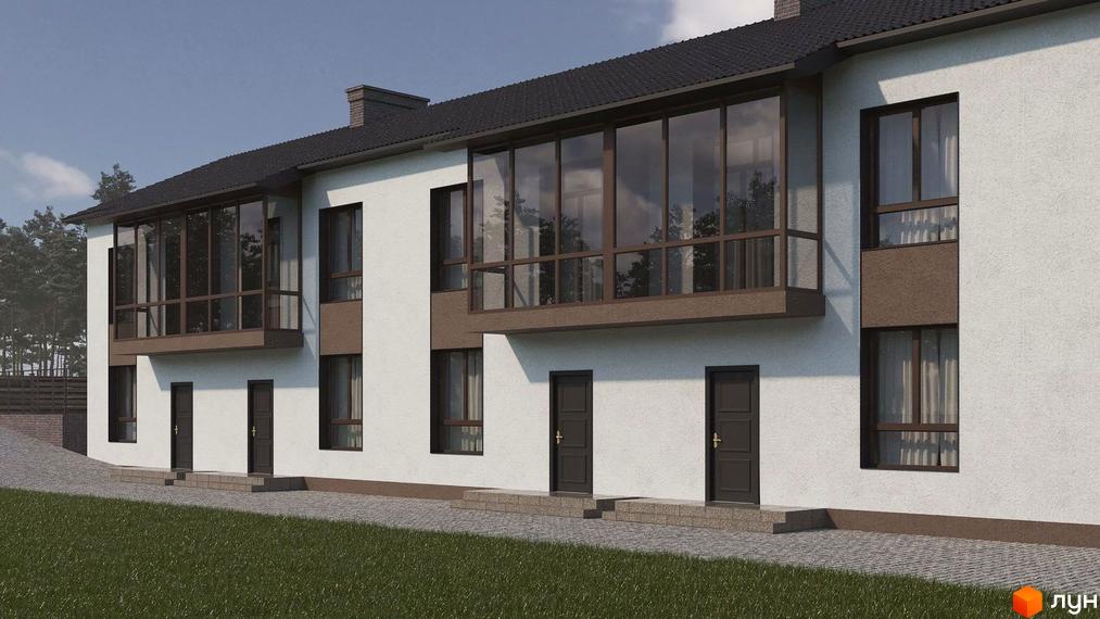 Таунхауси Green Heaven: фасад будинку з білою штукатуркою, темним дахом, великими вікнами та вхідними дверима. Перед будинком бруківка та газон.