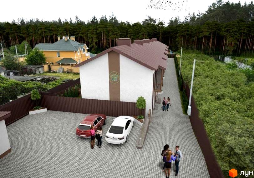 Таунхауси Green Heaven - це сучасні будинки з коричневим дахом та білими фасадами, розташовані на бруківці з зеленими насадженнями та деревами.