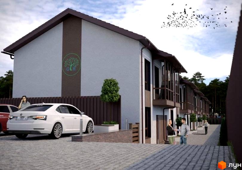 Таунхауси Green Heaven з світлими фасадами та темними акцентами. Перед будинками брукований двір, автомобіль та зелені насадження.