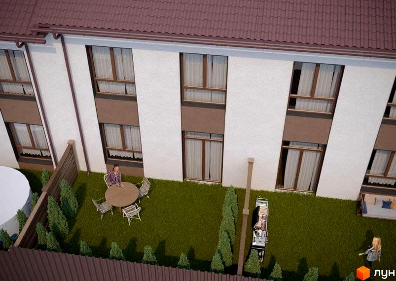 Таунхауси Green Heaven: вид зверху на білі таунхауси з коричневими вікнами та червоним дахом. Приватний двір з зеленим газоном, деревами та зоною відпочинку.