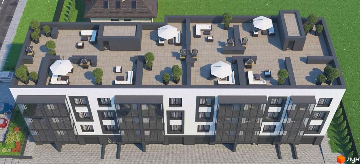 Житловий комплекс Lake House: багатоповерховий будинок з білим фасадом та темними елементами, на даху облаштовані зони відпочинку з меблями та рослинами.