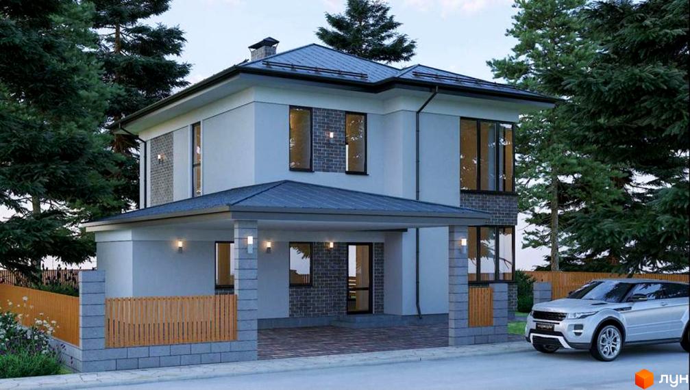 Котеджне містечко КМ NOVYI SVIT. Двоповерховий будинок з навісом для авто, кам'яним парканом та зеленими насадженнями.