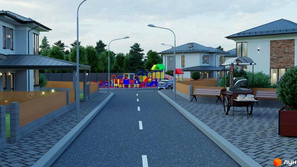 Котеджне містечко КМ NOVYI SVIT з сучасними будинками та дитячим майданчиком. На території є зони відпочинку та вулиця з бруківкою.