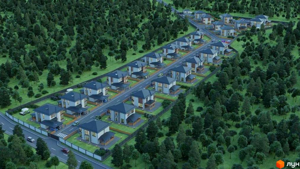 Котеджне містечко NOVYI SVIT: двоповерхові будинки зі світлими фасадами, темними дахами та доглянутими газонами, оточені лісом.