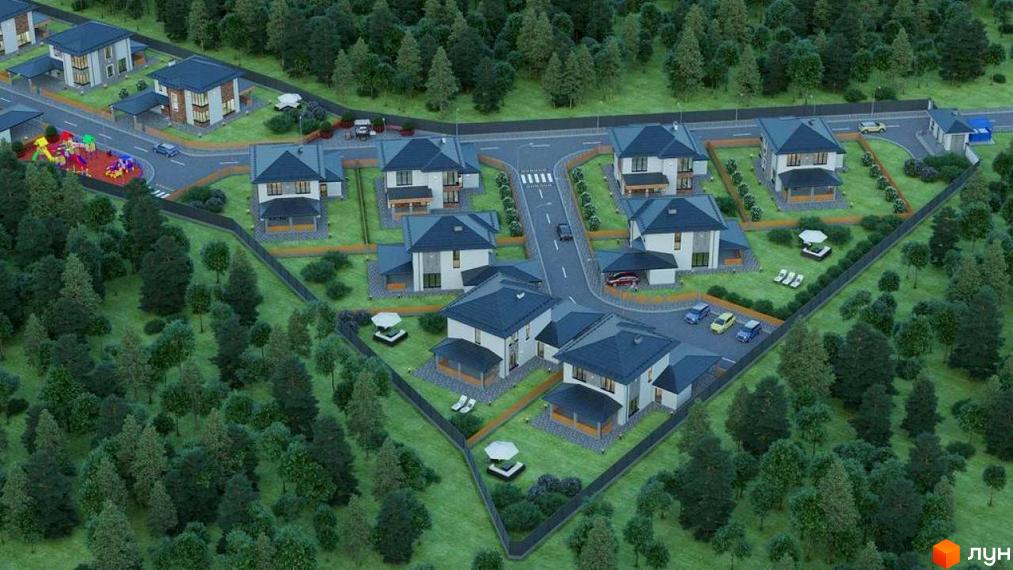 Котеджне містечко КМ NOVYI SVIT: триповерхові будинки з темними дахами та білими фасадами, розташовані на доглянутій зеленій території з доріжками та дитячим майданчиком.