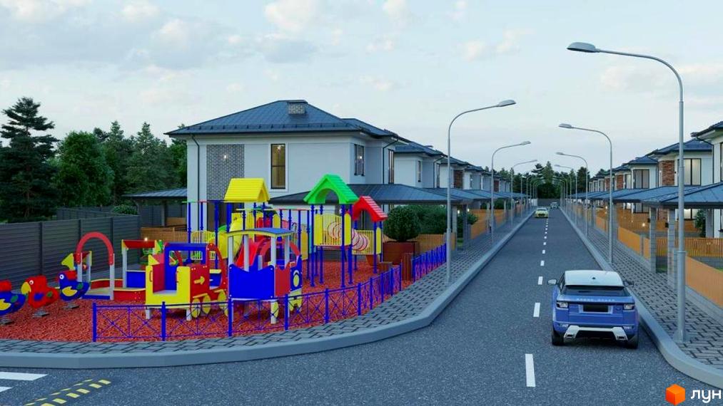 Котеджне містечко КМ NOVYI SVIT: фасади будинків та дитячий майданчик. Огляд новобудови з вулицею та автомобілем.