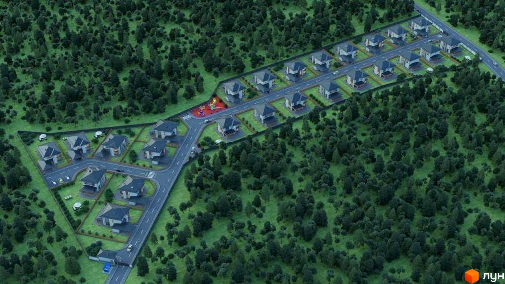 Котеджне містечко КМ NOVYI SVIT з сучасними будинками та доглянутими прибудинковими територіями, оточене лісом. Огляд проєкту з висоти пташиного польоту.