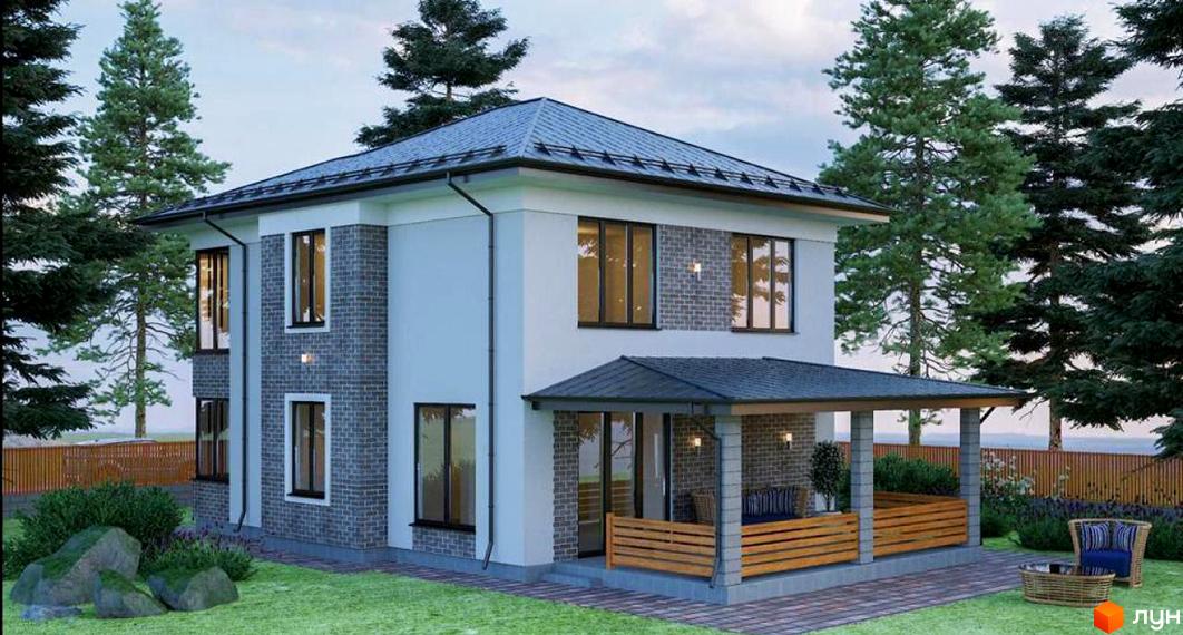 Котеджне містечко NOVYI SVIT: двоповерховий будинок з білими стінами, темно-сірою цеглою та критою терасою. Навколо зелений газон та хвойні дерева.