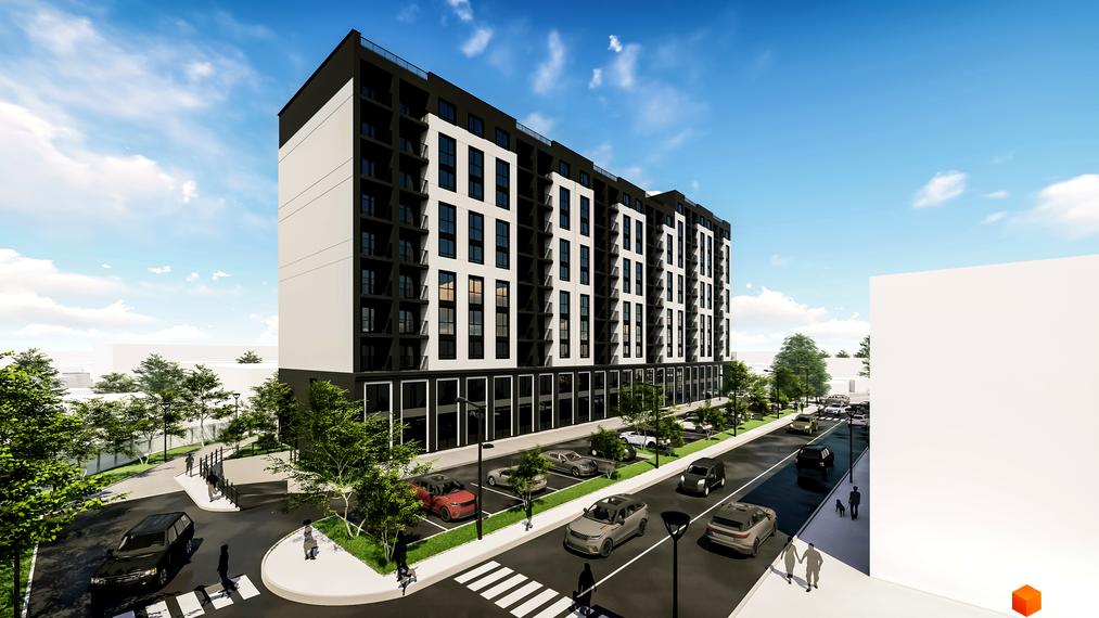 Зовнішній вигляд житлового комплексу Квартал №5 з білими та чорними фасадами, балконами та парковкою. Навколо будинку зелені дерева та пішохідні доріжки.