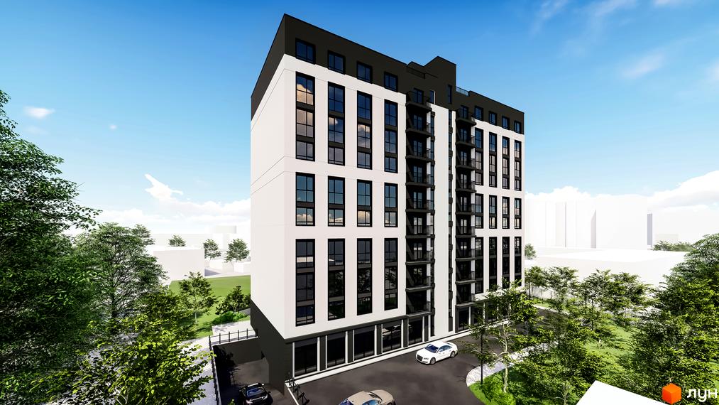 Житловий комплекс Квартал №5: багатоповерховий будинок білого кольору з чорними вікнами та балконами, оточений зеленими деревами та парковкою.