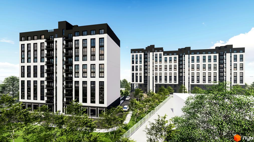 Житловий комплекс Квартал №5: багатоповерхові будинки з білими фасадами та чорними елементами, оточені зеленою територією.