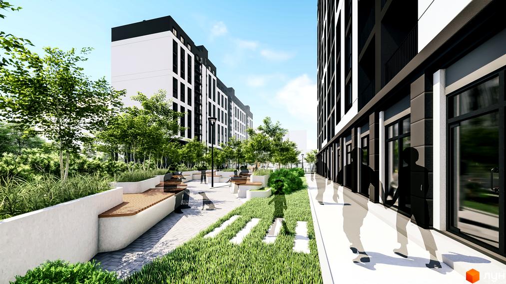 Житловий комплекс Квартал №5: фасади будівель з білими та чорними елементами, облаштований двір з лавками та зеленню.