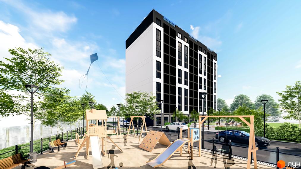 Житловий комплекс Квартал №5 з чорно-білим фасадом. На передньому плані дитячий майданчик з дерев'яними елементами, поруч дерева та дорога.