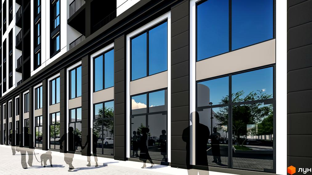 Фасад Житлового комплексу Квартал №5 має чорно-біле оздоблення, великі вікна. На першому поверсі панорамні вікна відображають зелені насадження та дорогу.