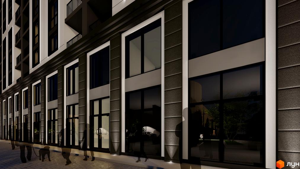 Фасад Житлового комплексу Квартал №5 з темними текстурованими панелями та білими вертикальними обрамленнями вікон. На тротуарі видно силуети людей.