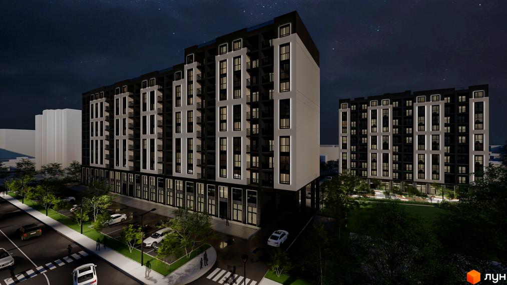 Житловий комплекс Квартал №5. Сучасна архітектура будівель з балконами та великими вікнами, прибудинкова територія з парковкою та деревами.