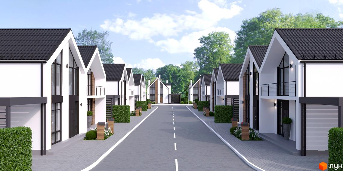 Котеджне містечко КМ Gardd House Eco Village: фасади білих будинків з чорними дахами та великими вікнами. Асфальтована дорога з розміткою, охайні зелені насадження.