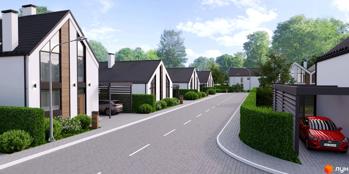 Білі будинки з темними дахами та великими вікнами у Котеджному містечку Gardd House Eco Village. Дорога з зеленими насадженнями.