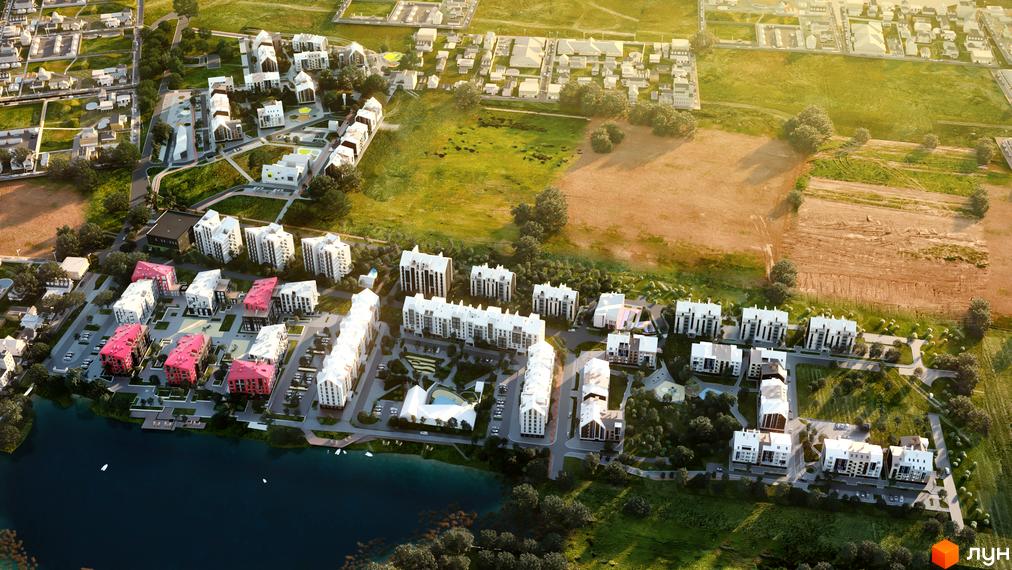 Житловий комплекс City Lake з білими будинками та червоними дахами, що розташовані біля озера. Навколо зелені території та облаштовані дороги.
