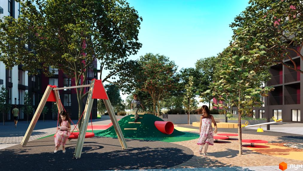 Багатоповерхові будинки Житлового комплексу City Lake з різнокольоровими фасадами. Дитячий майданчик з гойдалками та гіркою серед дерев.