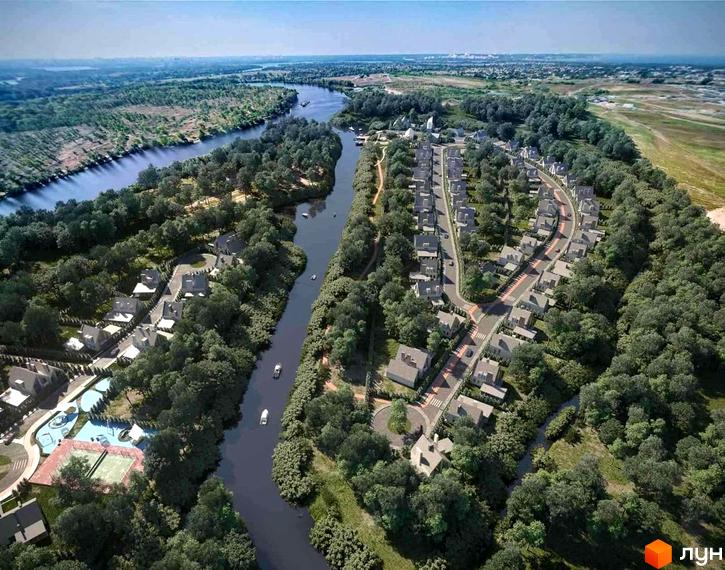 Котеджне містечко BELLAGIO: вид з висоти пташиного польоту на котеджі поруч з річкою, зелені насадження та зони відпочинку.