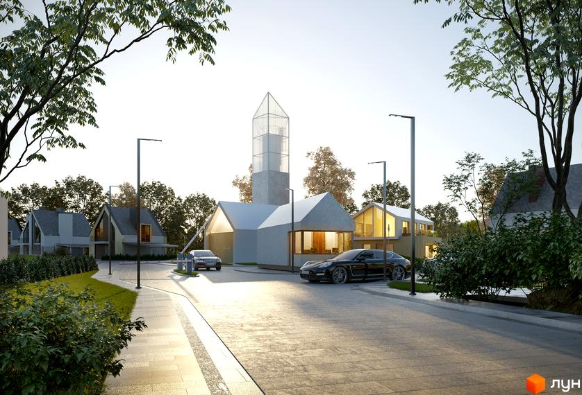 Котеджне містечко BELLAGGO: сучасні будинки з панорамними вікнами та доглянутою прибудинковою територією. Автомобілі припарковані біля будівель.