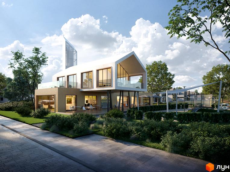 Котеджне містечко BELLAGIO: двоповерховий будинок з великими вікнами та терасою, оточений зеленню та дитячим майданчиком.