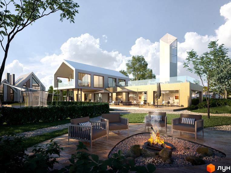 Зовнішній вигляд котеджного містечка КМ BELLAGGO з зоною відпочинку біля вогнища та сучасними будинками. Прибудинкова територія з зеленими насадженнями та місцями для відпочинку.