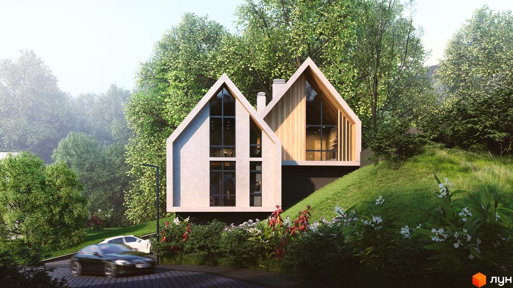 Двосекційний будинок Котеджного містечка QP з великими вікнами та комбінованим фасадом, розташований на зеленому схилі серед дерев.