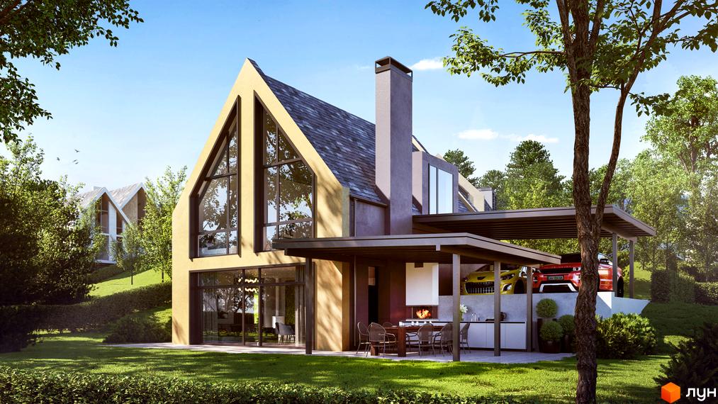 Котеджне містечко КМ QP - сучасний будинок з великими вікнами та навісом для авто, оточений зеленою зоною та іншими будинками на схилі.